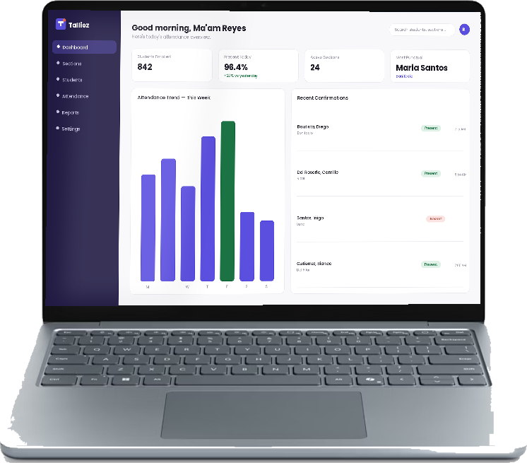 Talliez teacher dashboard on a laptop — live attendance stats and recent confirmations