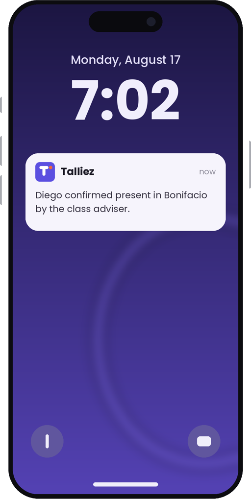 Lock screen notification — Diego confirmed present in Bonifacio by the class adviser